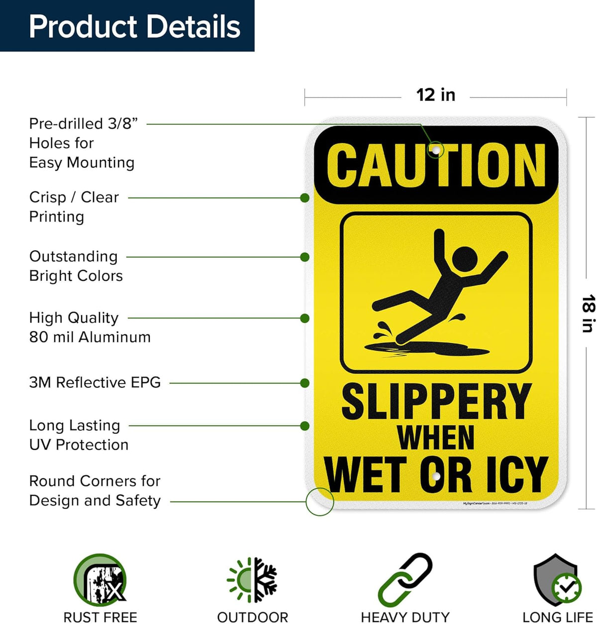 Caution Slippery When Wet Sign or ICY Sign, 12"x18" Aluminum Reflective, Indoor/Outdoor Use, USA