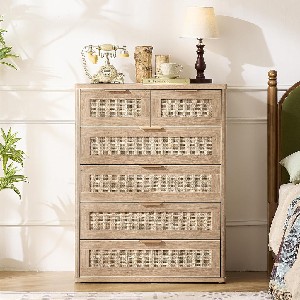 LEYAOYAO Rattan Dresser for Bedroom Set of 2, 42" Tall Chest of Drawers, Modern 6 Drawers Boho