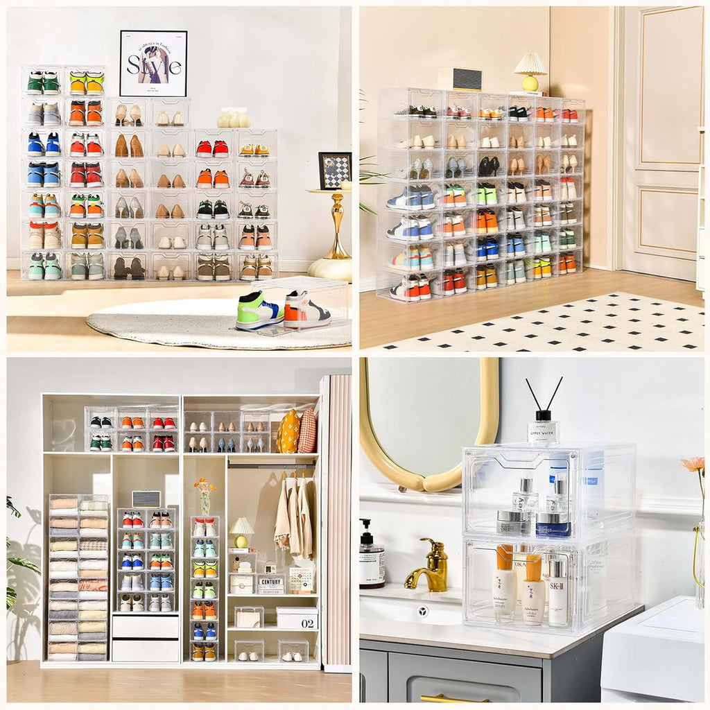 10 Pack Large Shoe Boxes Clear Plastic Stackable,Shoe Storage Organizer with Lids,Shoe Rack for