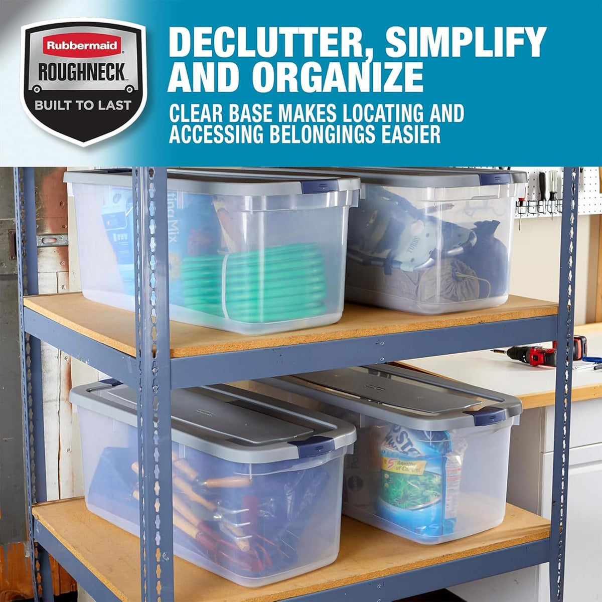 Rubbermaid Roughneck Clear 95 Qt/23.75 Gal Storage Containers, Pack of 4 with Latching Grey Lids