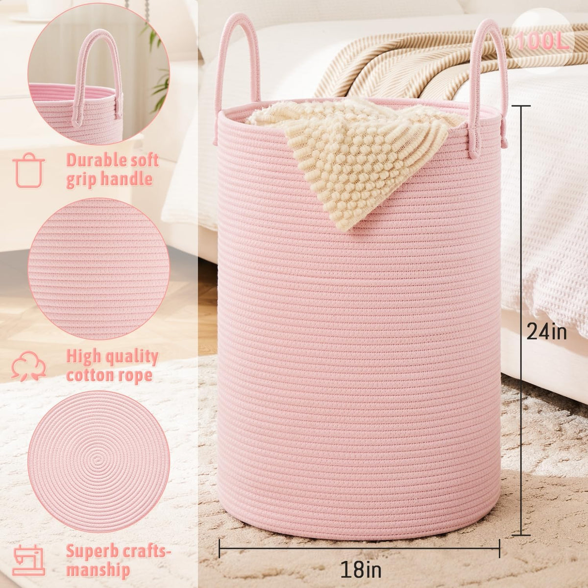 Laundry Basket,Woven Cotton Rope Laundry Hamper,100L for Decorative Storage of Dirty Clothes,Toys