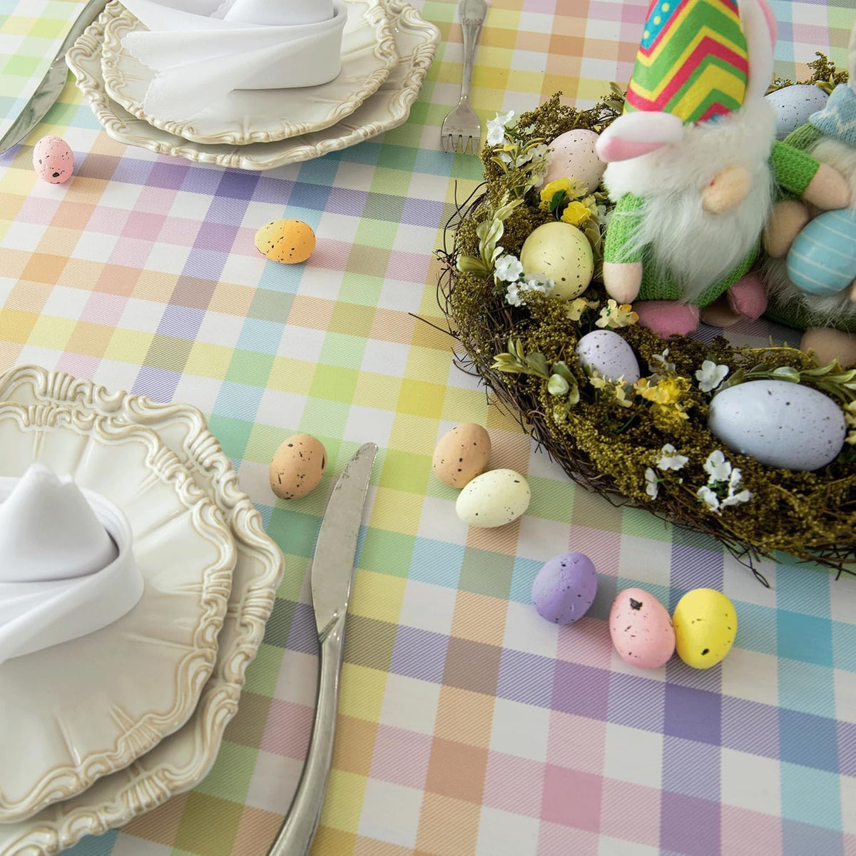 Waterproof Plaid Easter Tablecloth Fabric - Spring Square 58x58 Inch Classic Gingham Checker