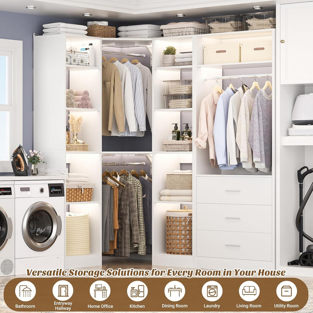 Corner Closet System with 3 Drawers, Corner Closet Organizer System with 13 Shelves & 3 Hanging