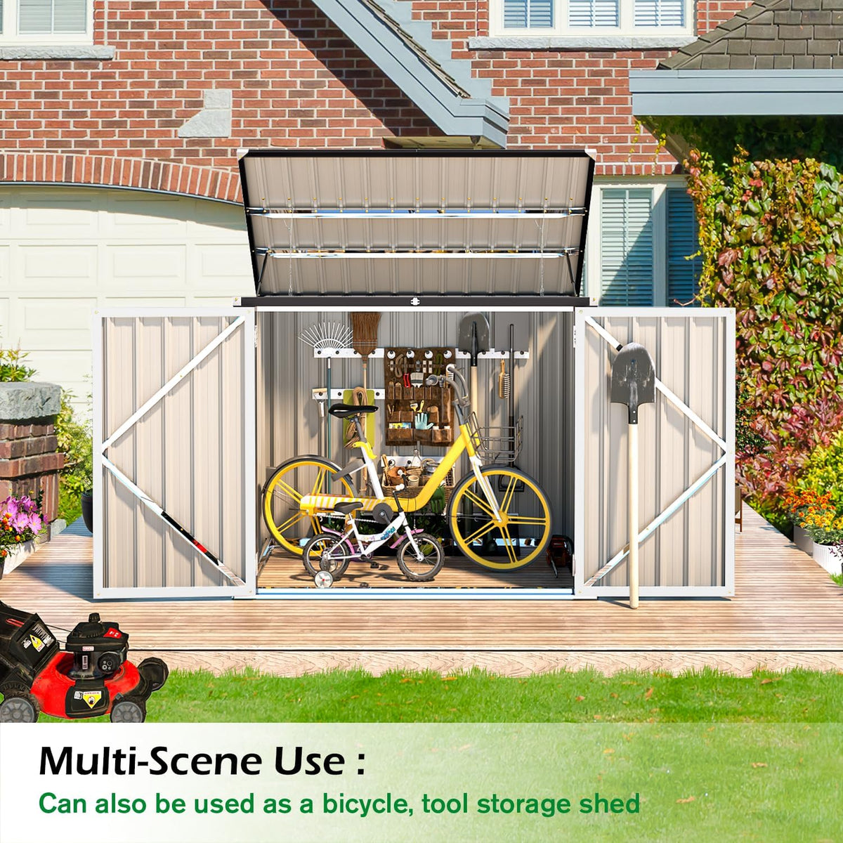 AECOJOY Outdoor Trash Can Storage Shed, 46 Cu.Ft White Trash Can Storage Shed Outdoor Horizontal