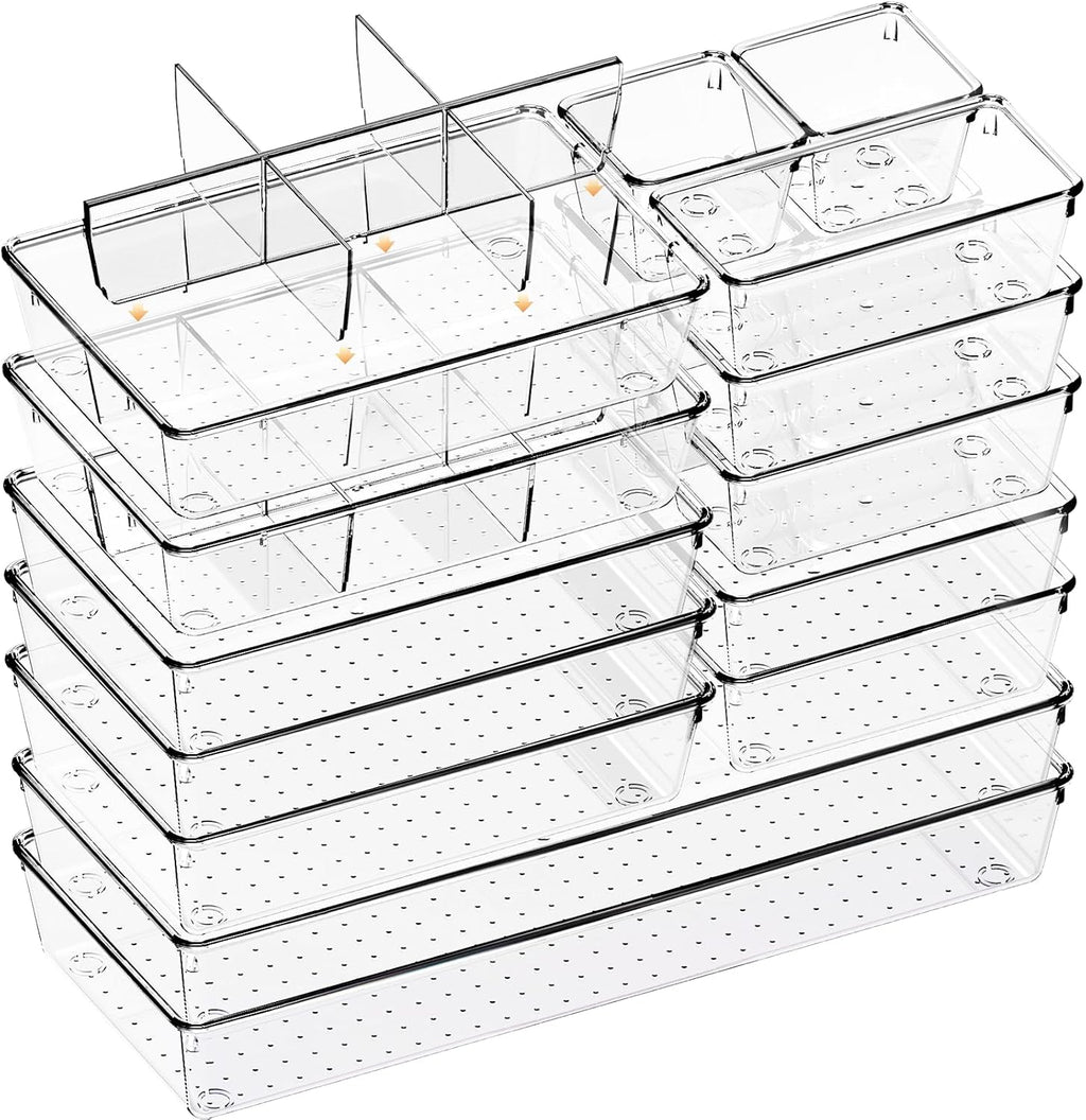 Criusia Drawer Organizer - 18 Pack Clear Large Kitchen Drawer Organization Trays, Non-Slip Dividers