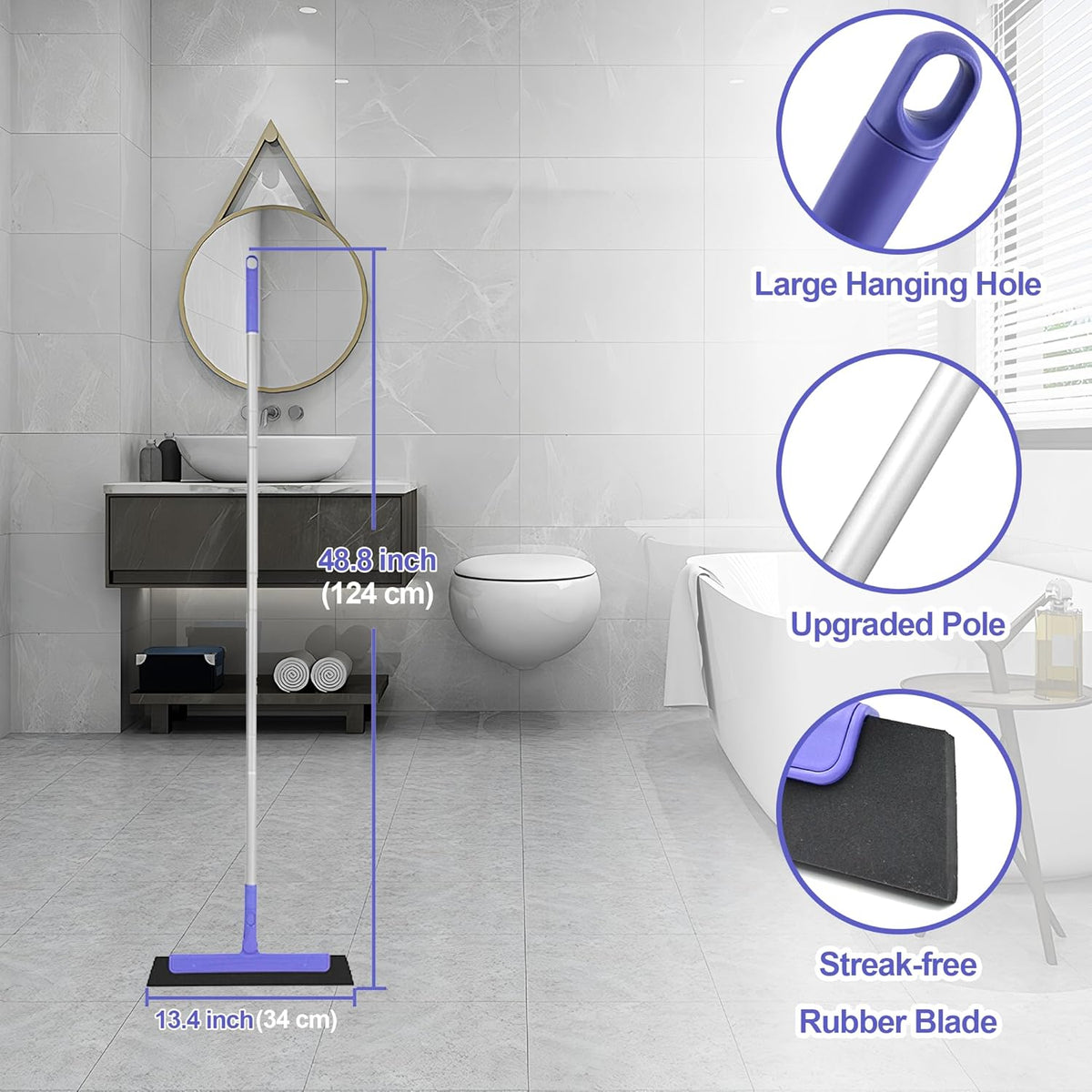 Floor Squeegee for Tile Floor and Shower Glass, Broom Rubber Blade with 48.4" Aluminum Long Handle