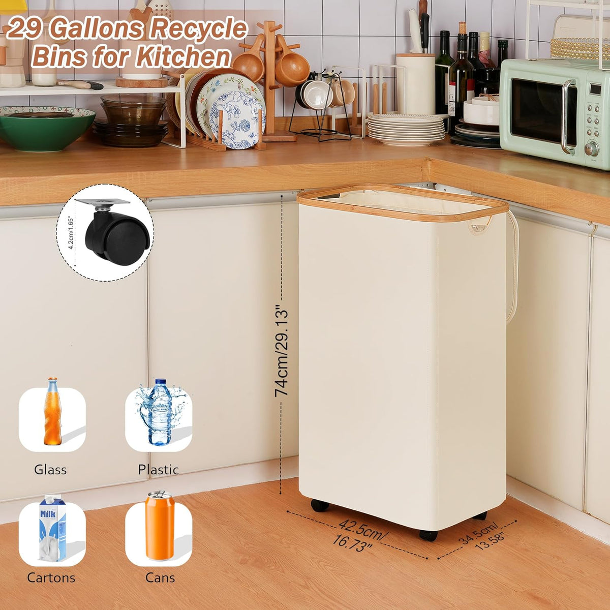 Recycling Bin for Kitchen, Indoor Home Recycle Bins with Wheel, 29 Gallons Large Recycling bin with