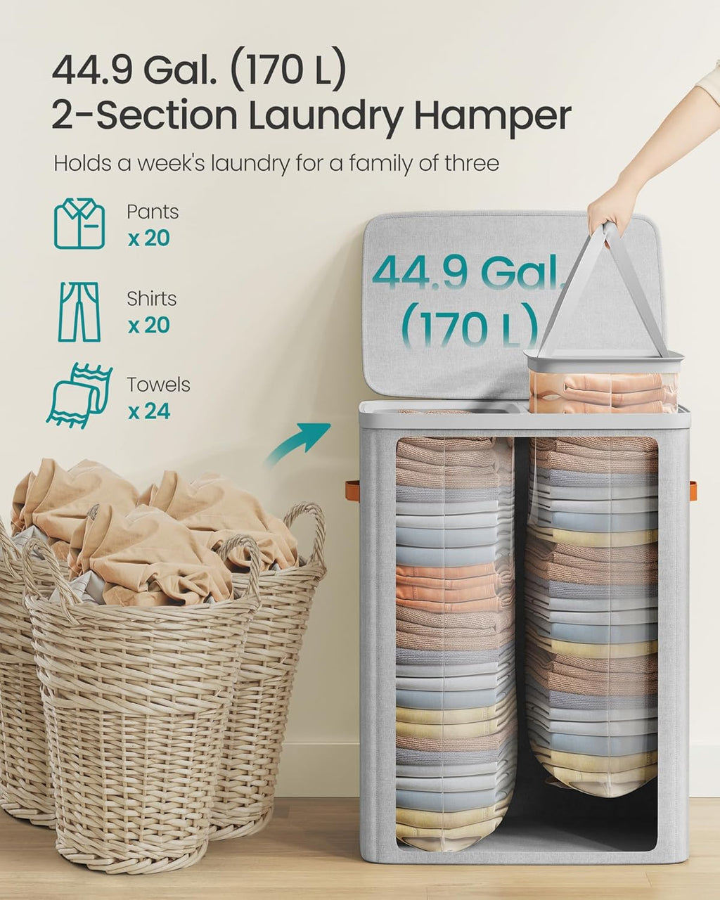 SONGMICS Laundry Basket, 44.9 Gal. Laundry Hamper, 2 Compartments, Easy Assembly, with Lid and