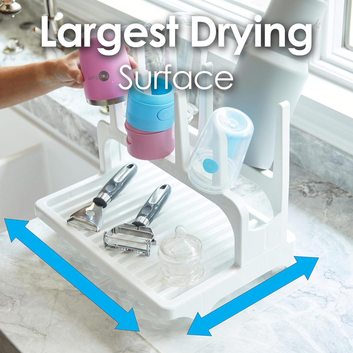 PopYum Glacier White Space Saving Drying Rack from 100% Recycled Bottles, countertop for Baby