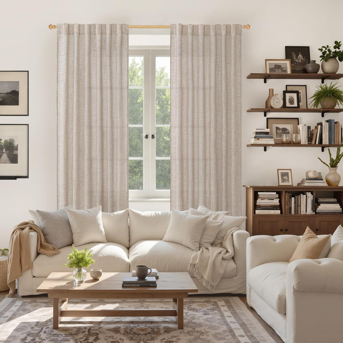 YoungsTex Natural Linen Curtains 80 Inch Length for Living Room, Light Filtering Burlap Textured