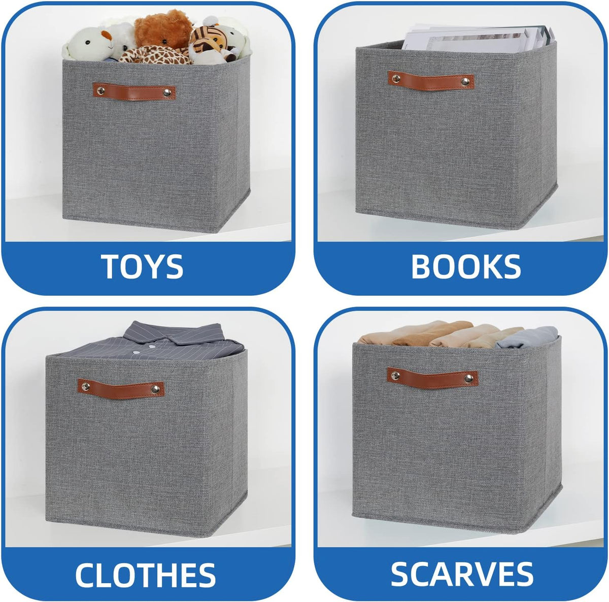 Temary 12x12 Storage Cube Bins 4 Pack Fabric Storage Cubes Storage Bins with Leather Handles