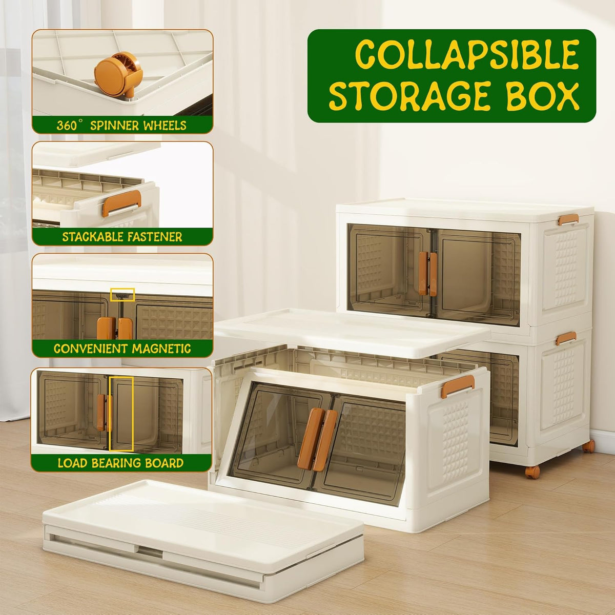 2 Tier Extra Large Stackable Storage Bins with 1 Lid 155 QT/Tier, Collapsible Plastic Box Storage