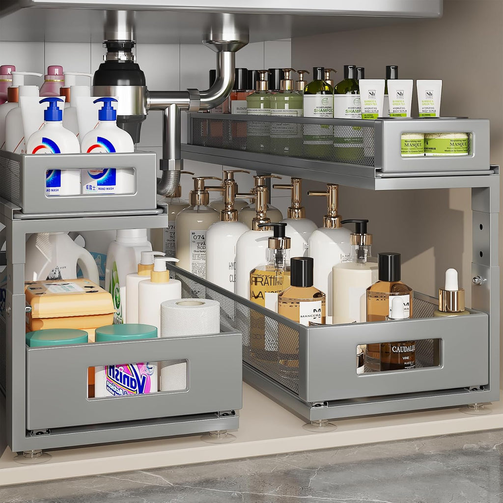 2 Pack 21.3IN-Depth Under Sink Organizer with Next-Gen Ball-Bearing Slides,2-Tier Pull Out Cabinet
