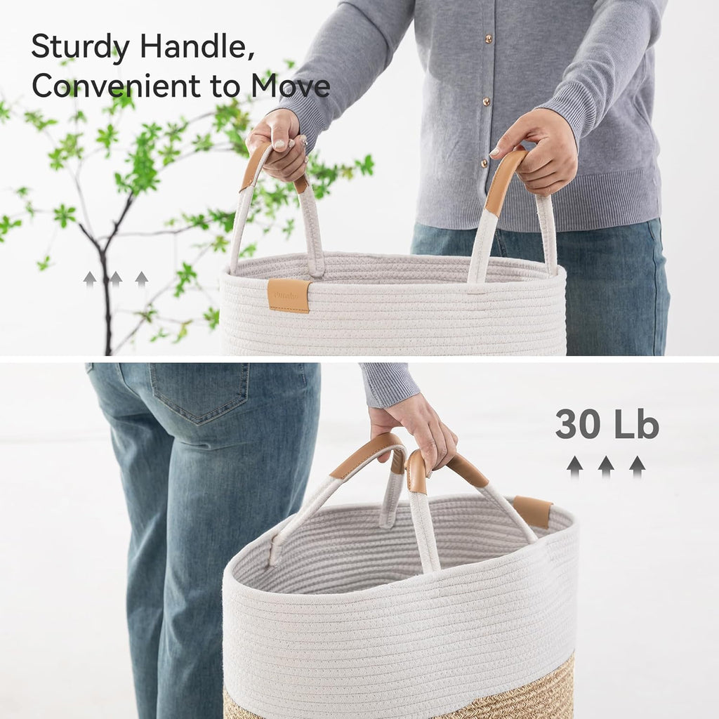 75L Striped Laundry Hamper with Leather Handles,Large Foldable Laundry Basket for Clothes,Cotton