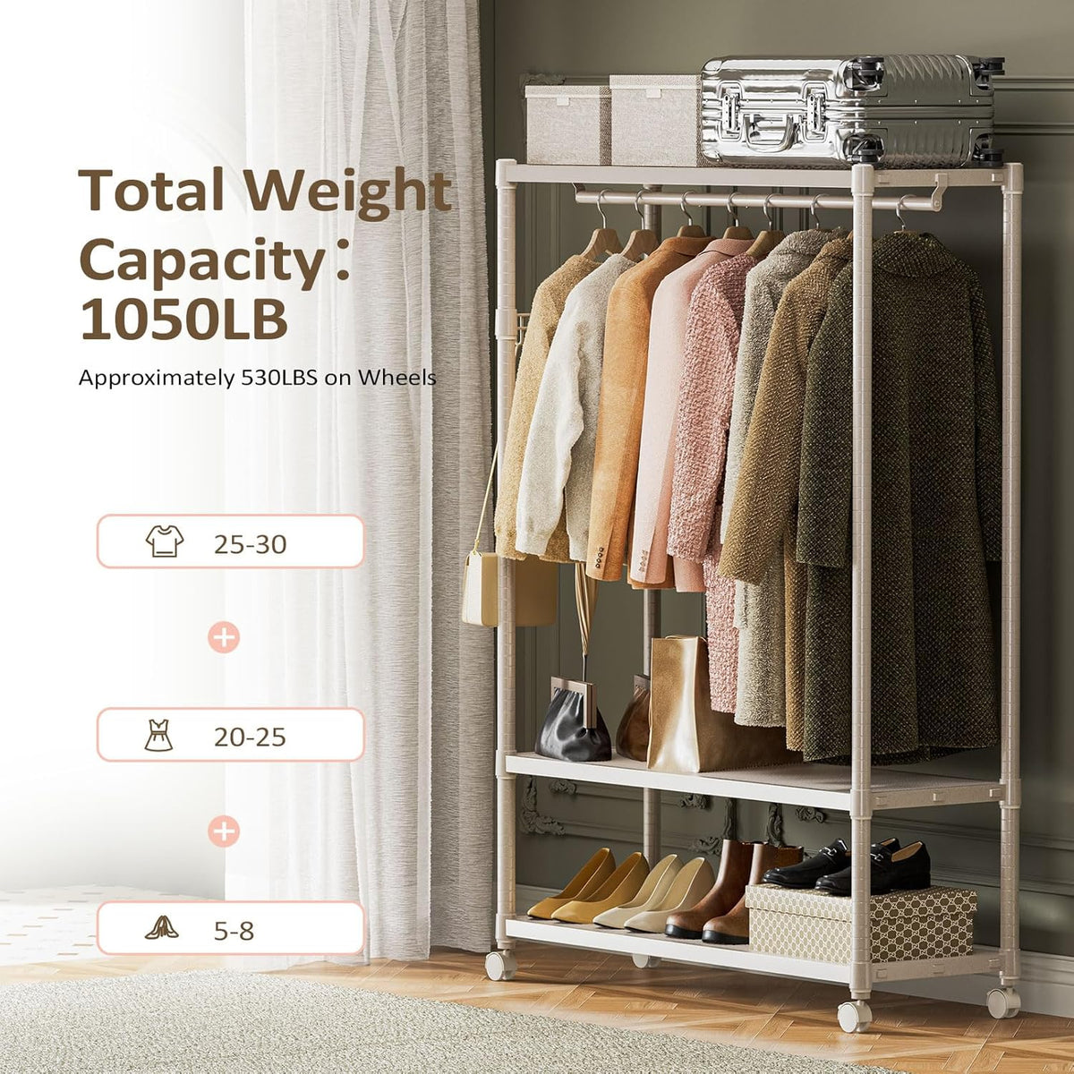 IZEUK Heavy Duty Rolling Garment Rack Wire Clothes Rack for Hanging Clothes, Metal Freestanding