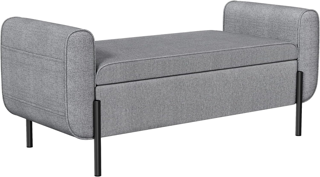 SONGMICS Storage Bench with Armrests, Ottoman for Living Room, Bedroom, Entryway, Steel Legs, Light