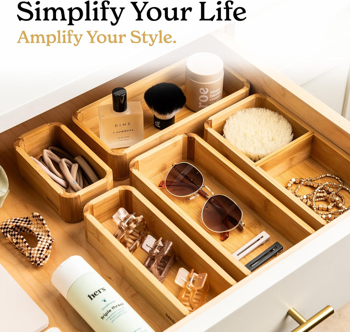 SMIRLY 5-Piece Bamboo Kitchen Drawer Organizer Set for Large and Small Utensils, Multi-use Storage