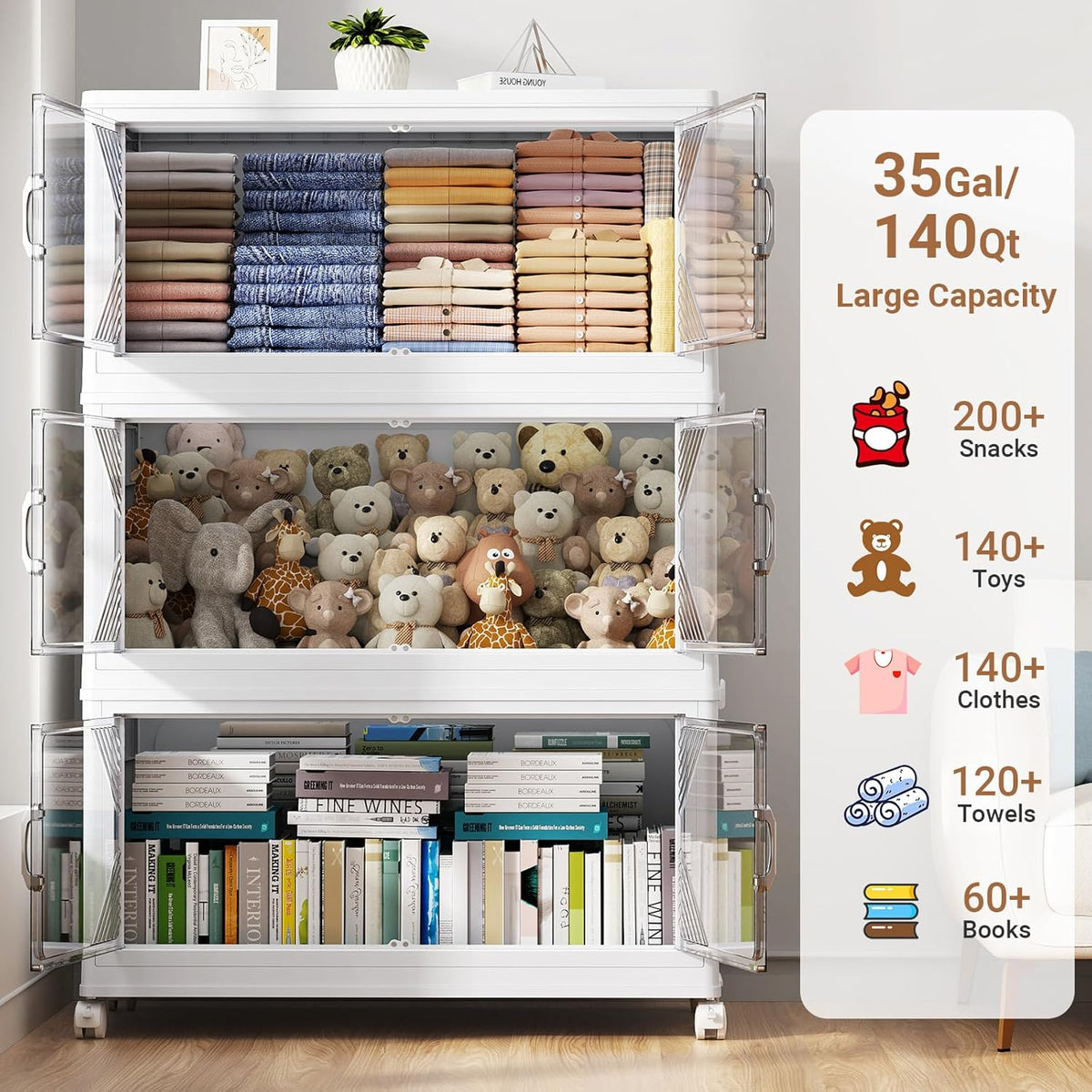 140Gal Plastic Stackable Storage Bins with Lid, 560QT Extra Large Closet Organizers Collapsible