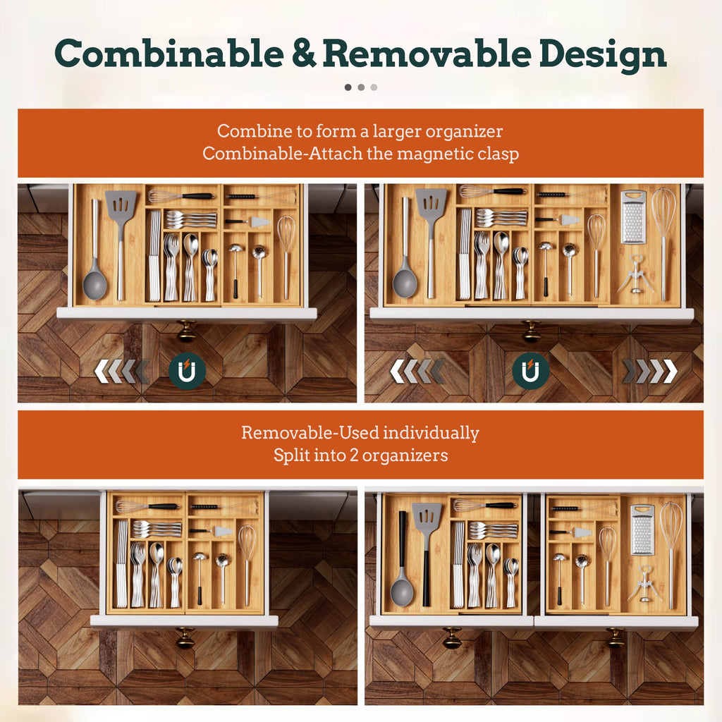 Silverware Organizer Large, Magnetic Connected Expandable 13 Slots Silverware Drawer Organizer From