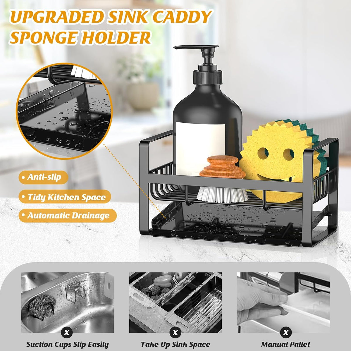 Sponge Holder for Kitchen Sink,Stainless Steel Kitchen Sink Organizer with Auto Draining