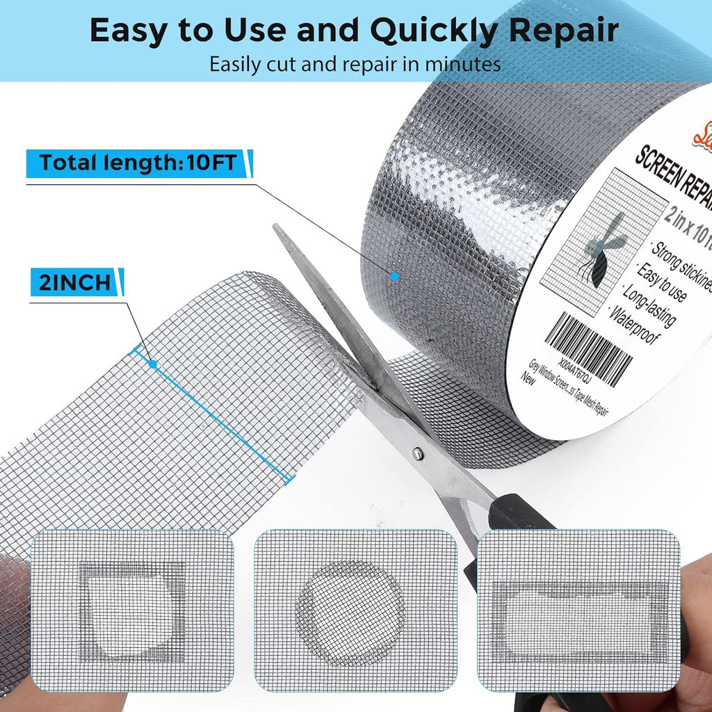 Grey Window Screen Repair Tape, 2IN X 10FT Screen Repair Kit for Windows or Doors, Strong Adhesive