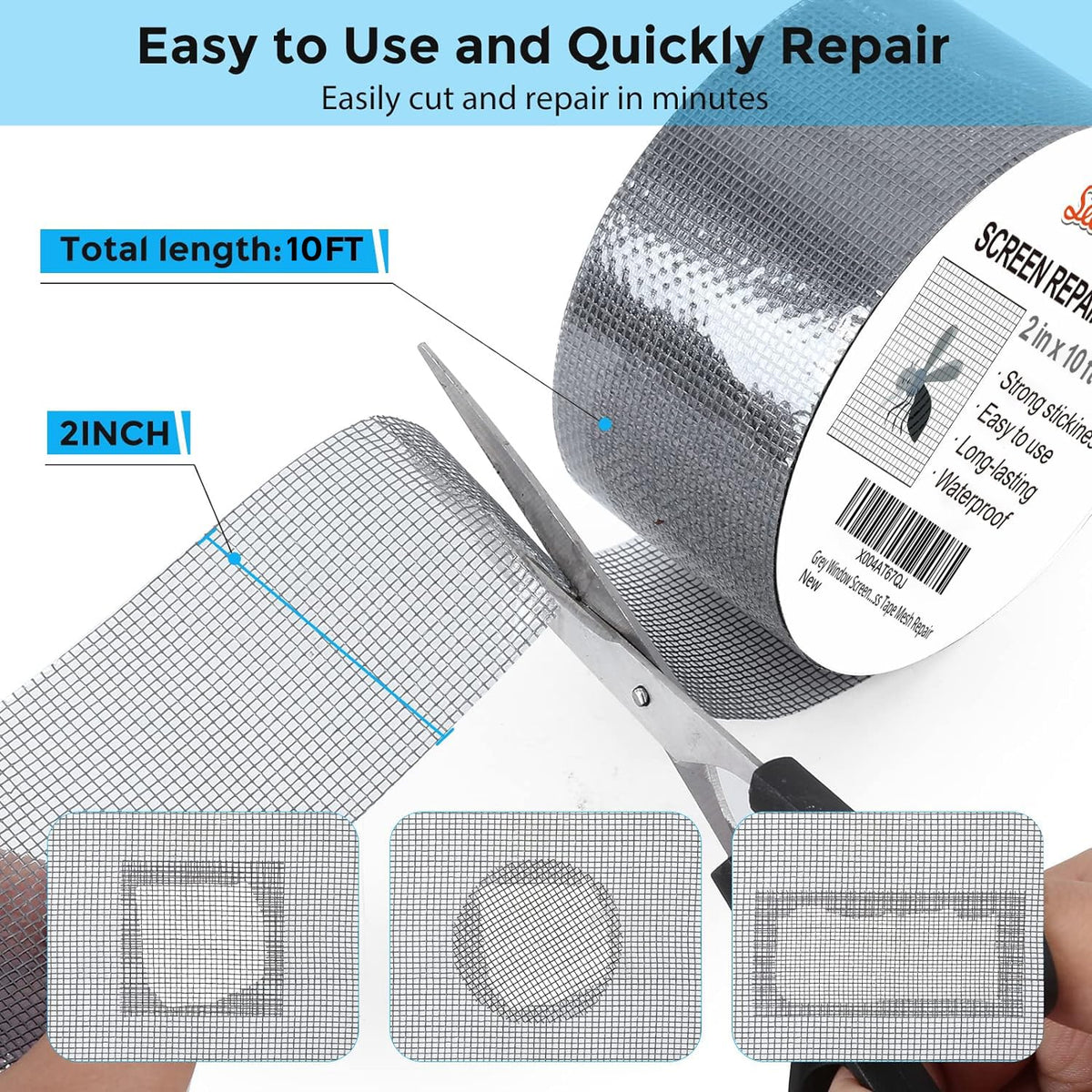 Grey Window Screen Repair Tape, 2IN X 10FT Screen Repair Kit for Windows or Doors, Strong Adhesive