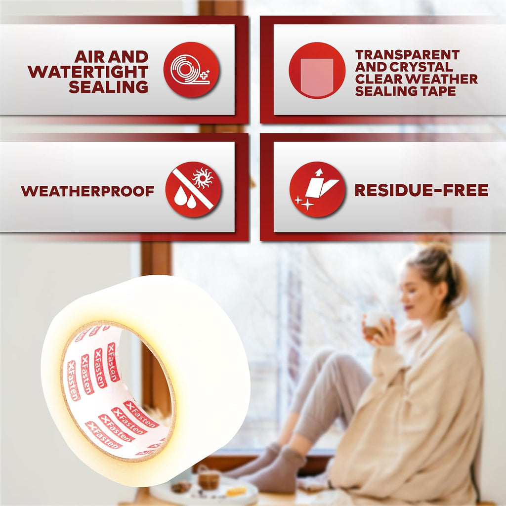 XFasten Transparent Window Weather Stripping Tape 2”x30yds (3-Pack Total 90yds), No Residue