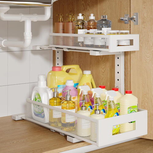 1 Pack 17IN Depth Under Sink Storage Organizer, Large 2-Tier Elegant Mesh Pull Out Shelf for