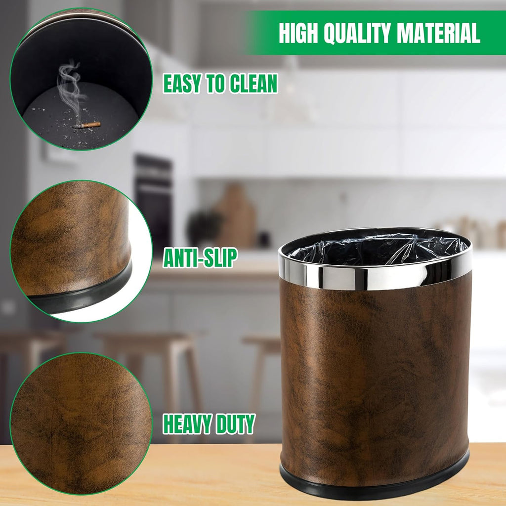 'Invisi-Overlap' Open Top Leatherette Trash Can, Small Office Wastebasket, Modern Home Décor, Oval