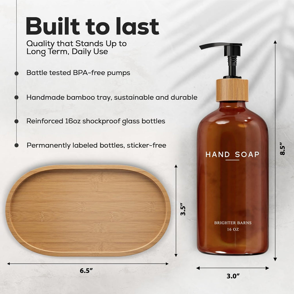 Amber Glass Soap and Lotion Dispenser Set with Tray by Brighter Barns - Hand Soap Dispenser