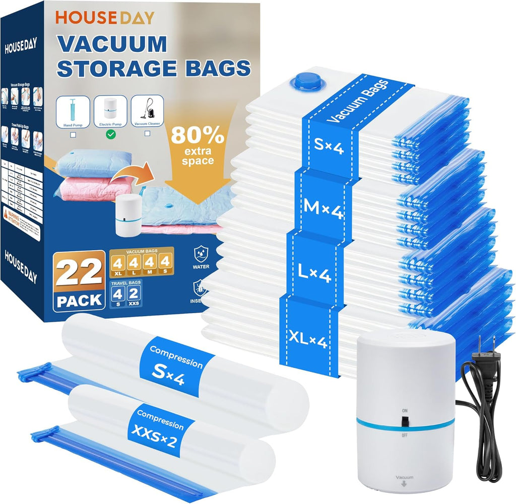 HOUSE DAY 22 Pack Vacuum Seal Bags For Clothing Travel, 80% Space Saving Travel Vacuum Bags with