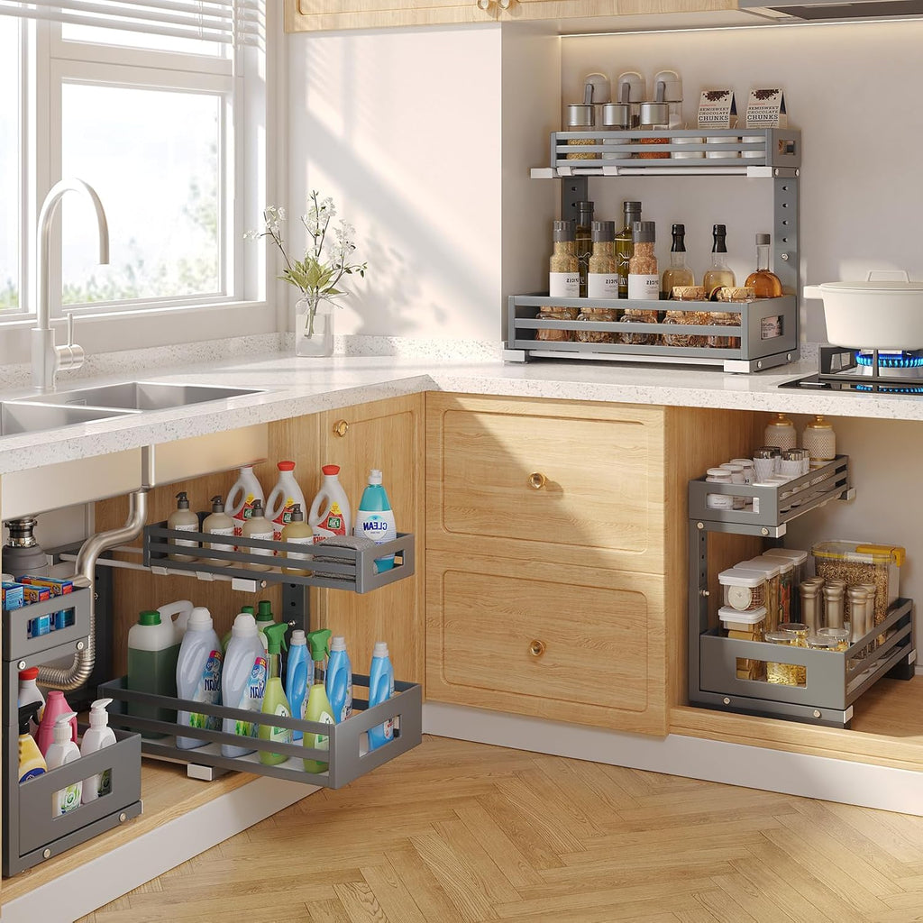 1-Pack Under Sink Organizers and Storage,2-Tier L Shape Pull Out Cabinet Organizer With Round Tube