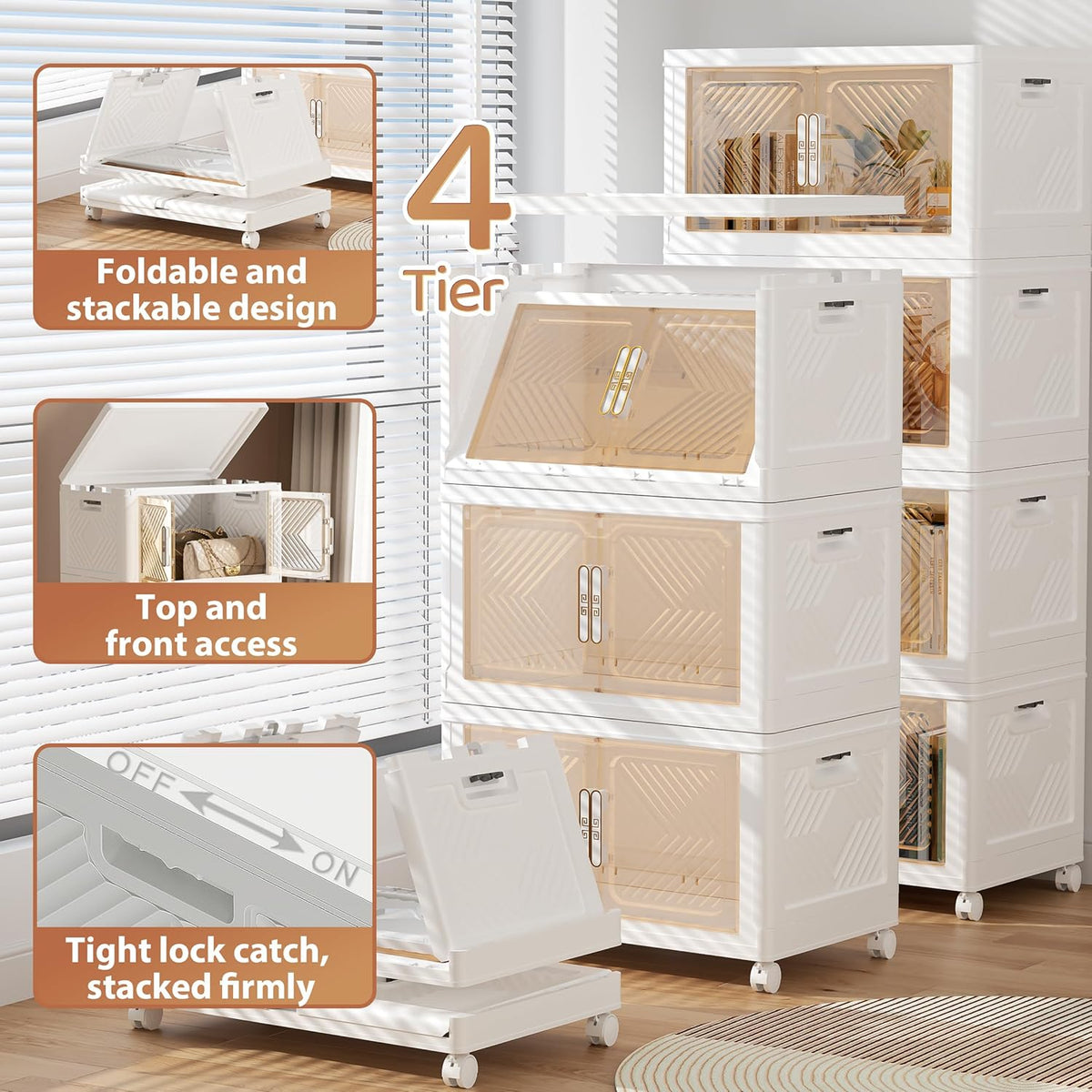 Storage Bins with Lid 120QT, Stackable Storage Containers with Wheels and Magnetic Doors, Plastic