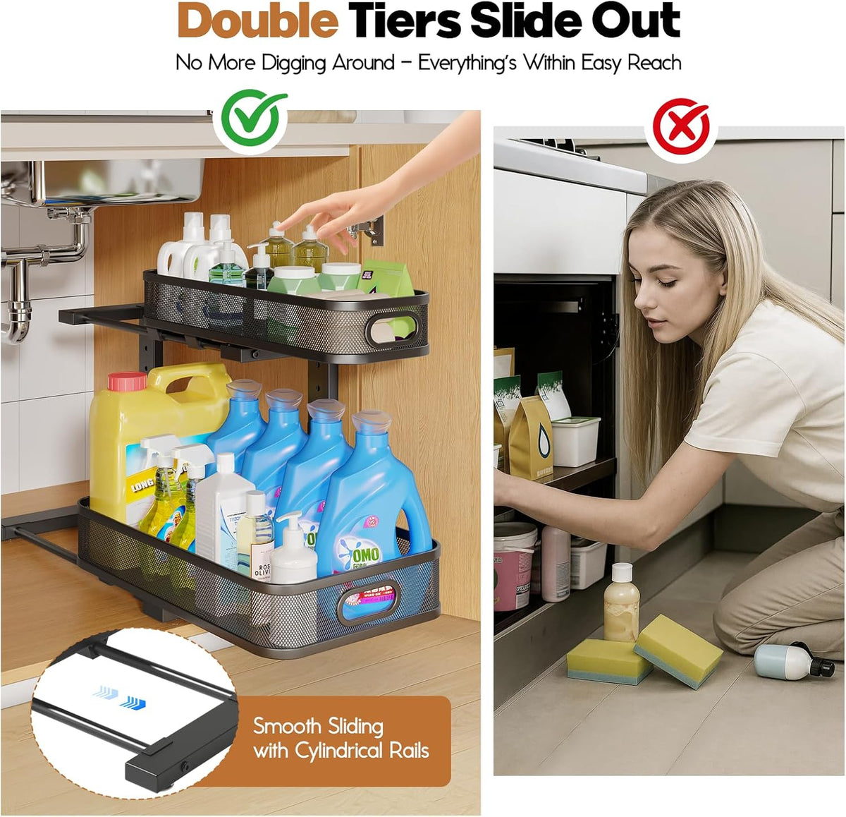 2 Pack 17.3IN-Depth Under Sink Organizer with Smooth Cylindrical Rail,2-Tier Pull Out Multi-Purpose