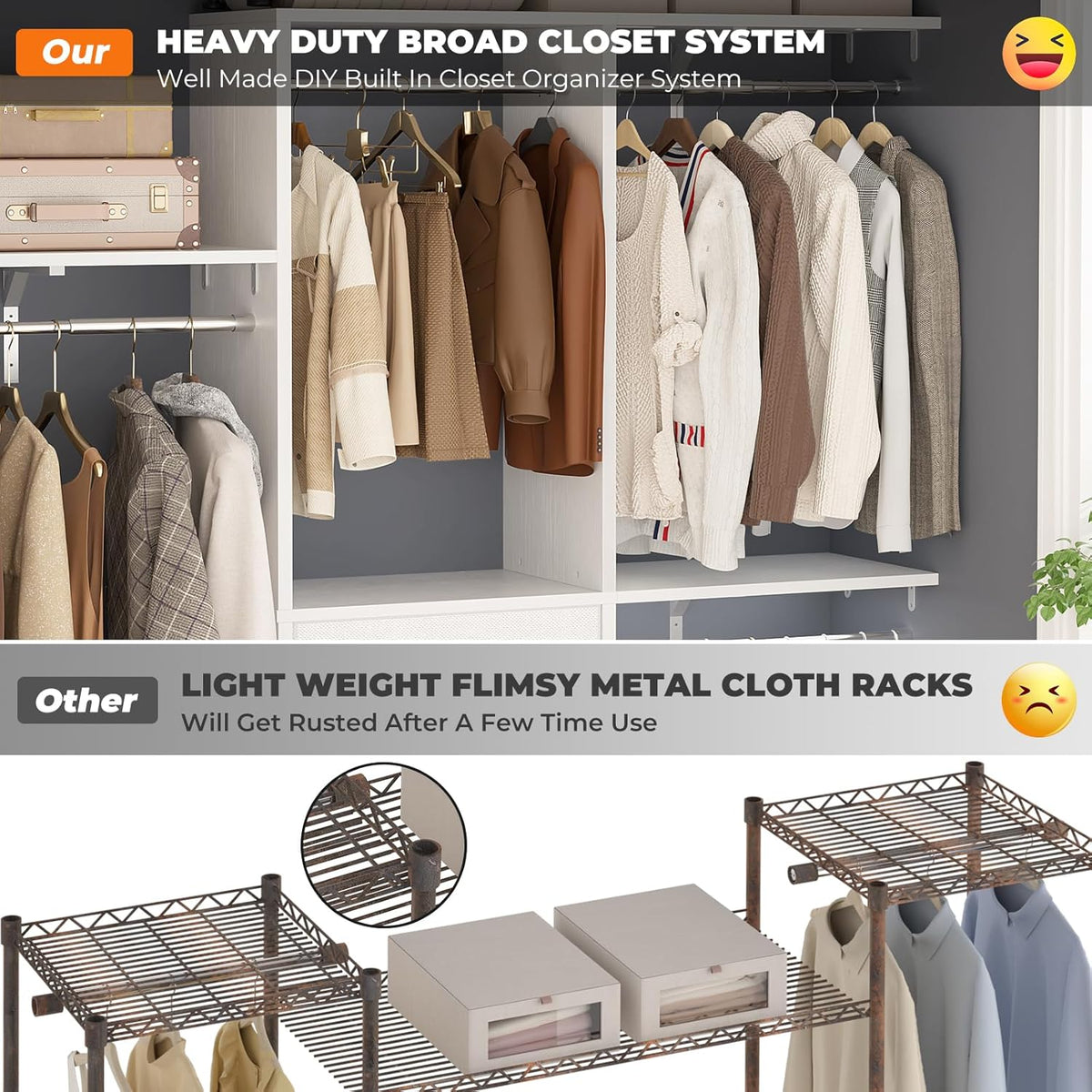 Armocity 5FT Small Closet System with 3 Fabric Drawers, 60 Inches Walk In Closet Organizer System