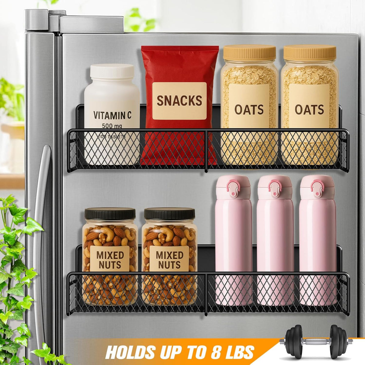 2 Pack Magnetic Spice Rack for Refrigerator, Black Magnetic Shelf with 4 Removable Hooks, Rustproof