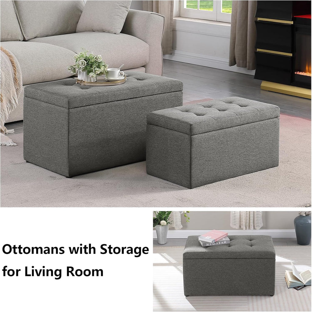 Storage Ottoman Bench with 2.56-inch Thick Seat, 31.5 inch Nesting Ottoman Set of 2, Hinged Flip