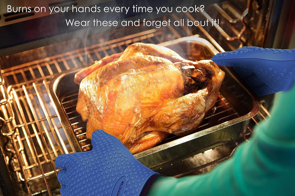 KITCHEN PERFECTION XL Silicone Smoker Oven Gloves-Extreme Heat Resistant BBQ Gloves-Handle Hot Food