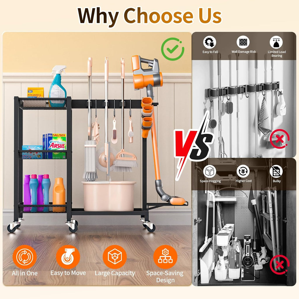 Cleaning Supplies Organizer with Broom Holder Load 350 LBS Cleaning Cart with Wheels Broom Closet
