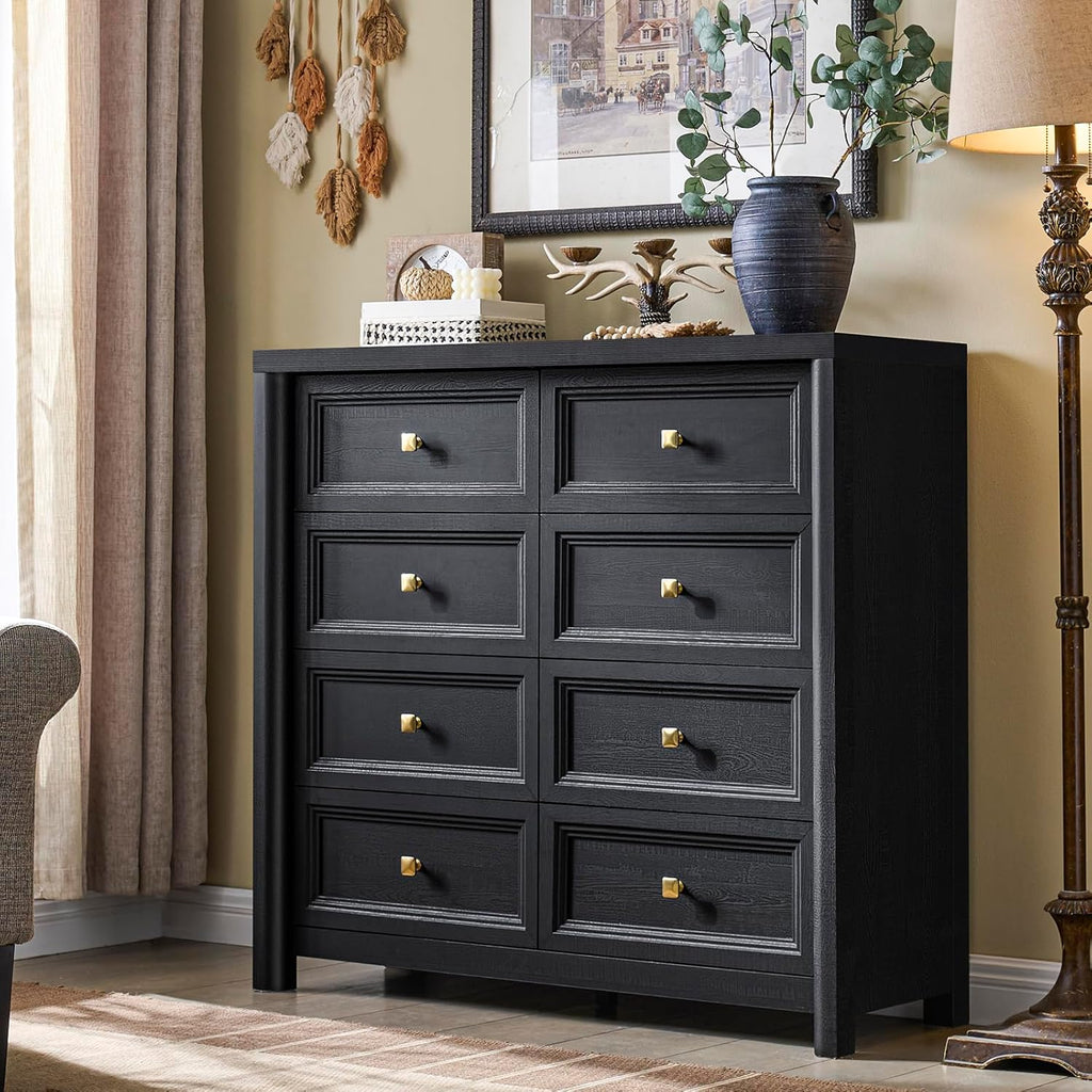 Farmhouse Dresser for Bedroom, 41" Tall Black Dresser with 8 Drawers, Soide Rustic Wood Vintage