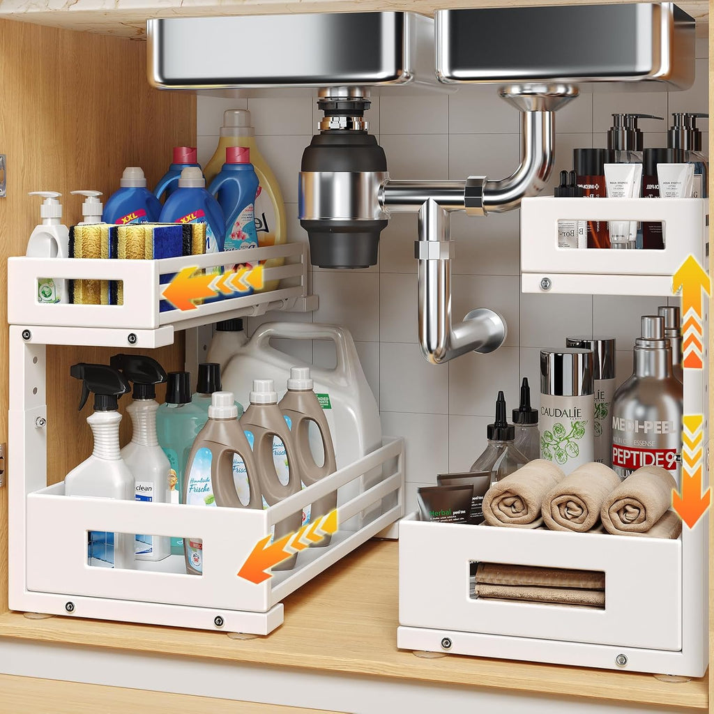 2-Pack Under Sink Organizers and Storage,2-Tier L Shape Pull Out Cabinet Organizer With Round Tube
