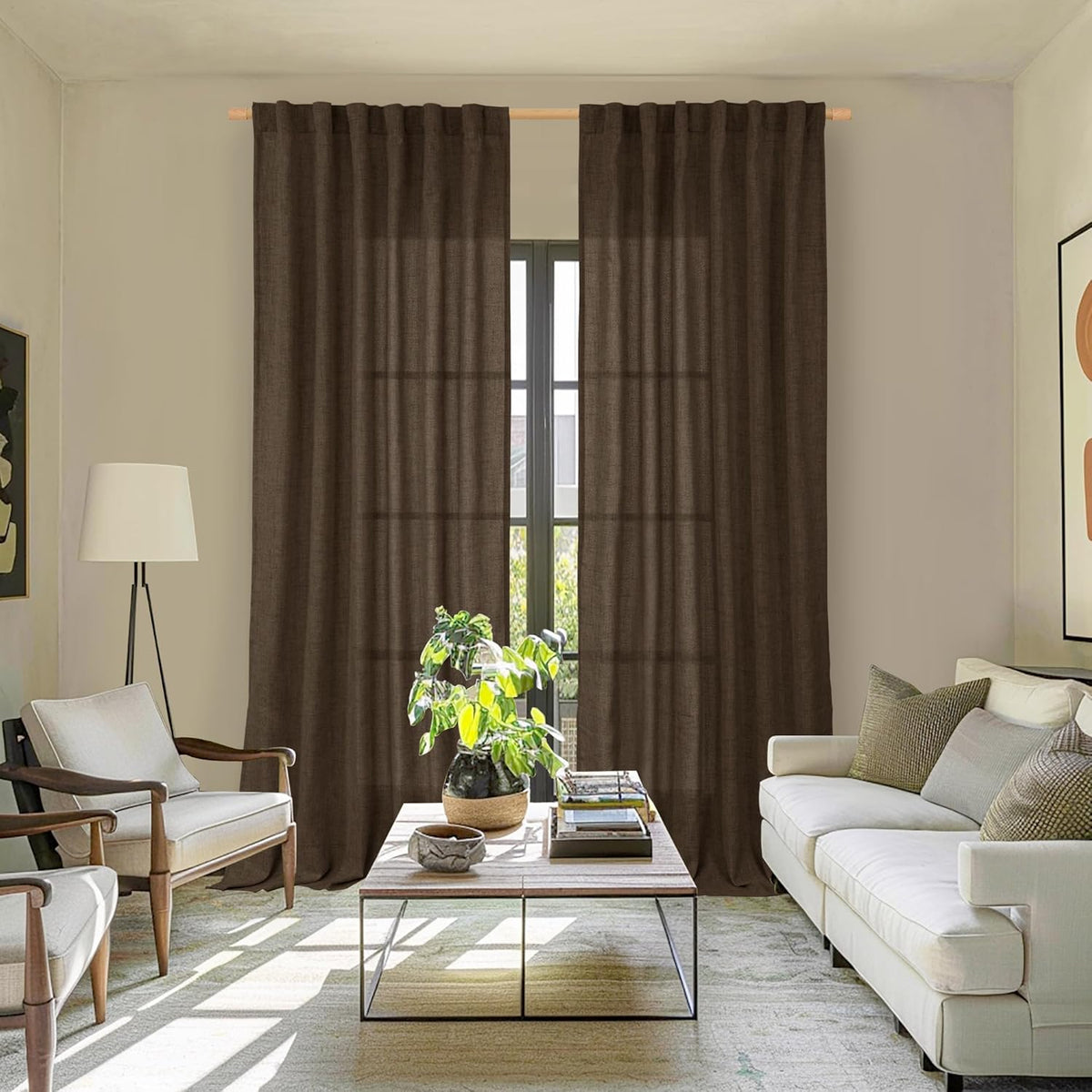 YoungsTex Brown Linen Curtains 84 Inch Length for Living Room, Chocolate Semi Sheer Drapes with