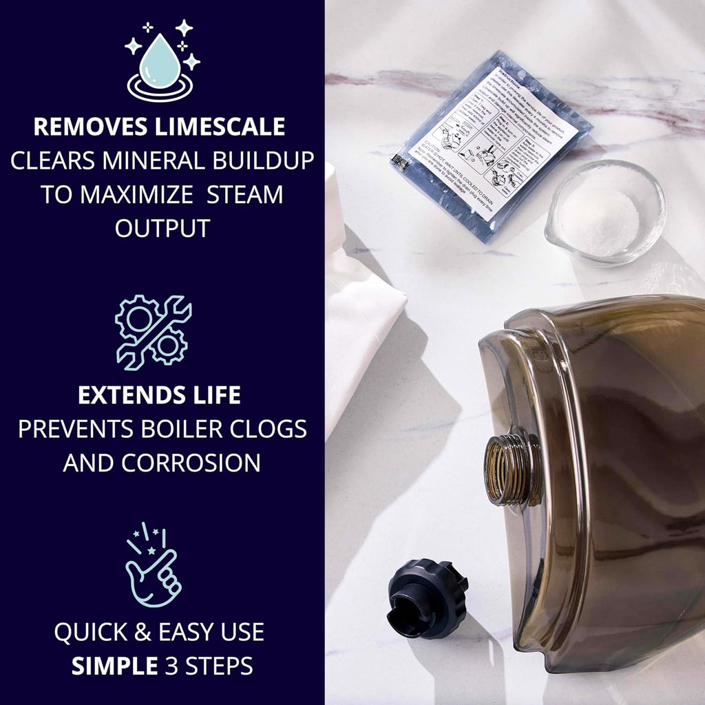 Garment Steamer Descaling Solution Decalcifier Packets for Mineral Deposits and Build-up Removal