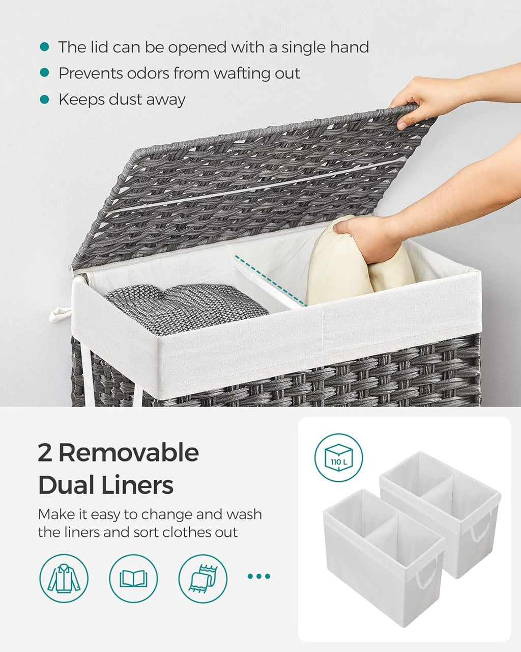 SONGMICS Laundry Hamper with Lid, 110L Clothes Hamper with 2 Removable Liner Bags, 6 Mesh Bags