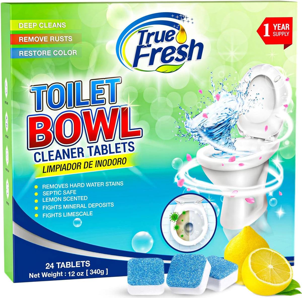 True Fresh Toilet Bowl Cleaner Tablets 24 Pack – Deodorizer & Septic Safe – Deep Cleaning, Odor