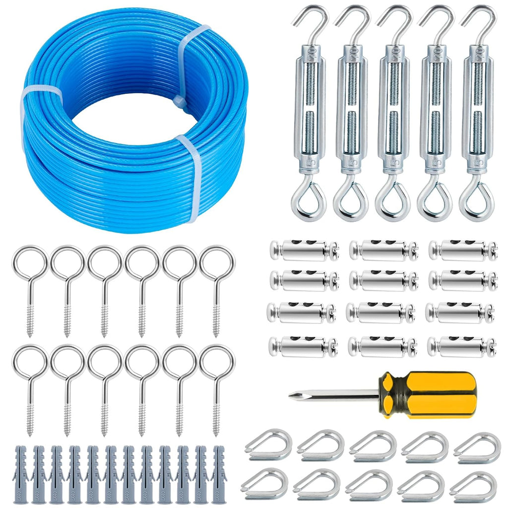 Turnbuckles for Cables Wire, 1/8" X 100Ft Blue PVC Coated Wire Rope Kit, Multi-use Steel Cable for