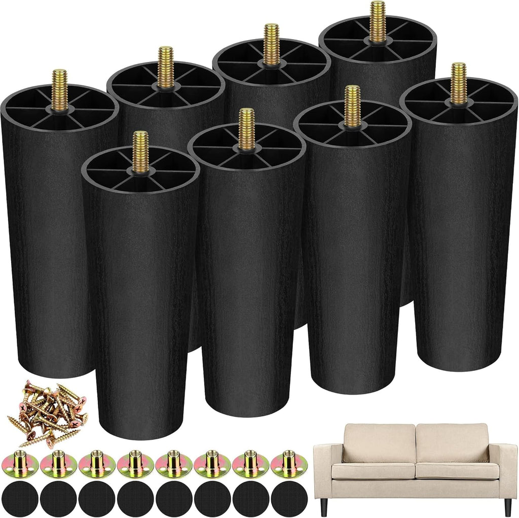 TURSTIN 8 Pack 6 Inch Plastic Furniture Legs with M8 T-Nuts Screws Tapered Sofa Couch and Chair