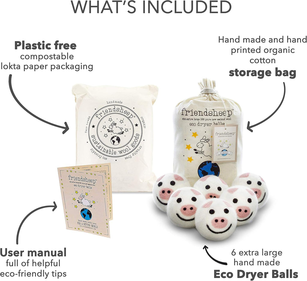Friendsheep Wool Dryer Balls 6 Pack XL Organic Premium Reusable Cruelty Free Handmade Fair Trade No