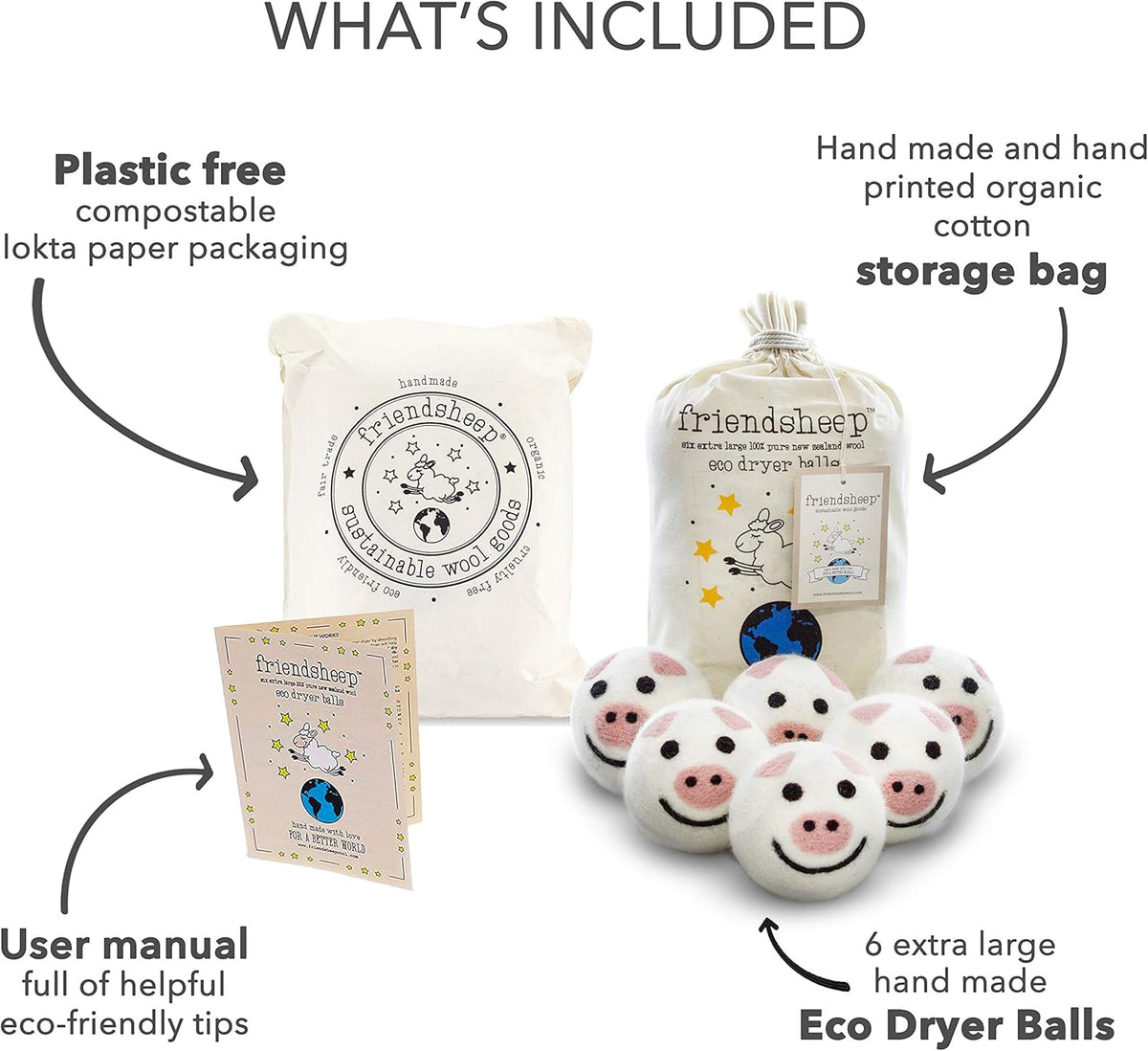 Friendsheep Wool Dryer Balls 6 Pack XL Organic Premium Reusable Cruelty Free Handmade Fair Trade No
