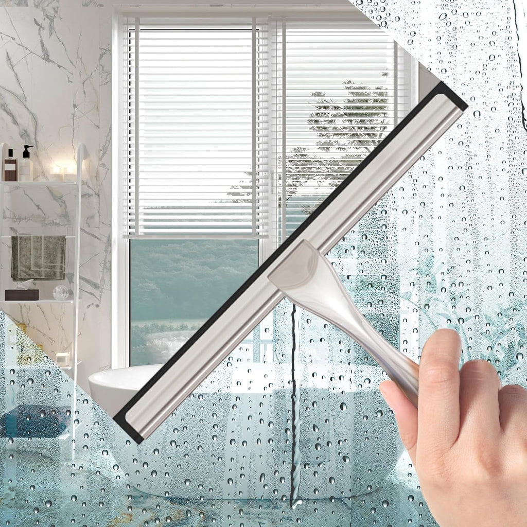 All-Purpose Stainless Steel Shower Squeegee for Glass Doors with Adhesive Hooks, Squeegee for
